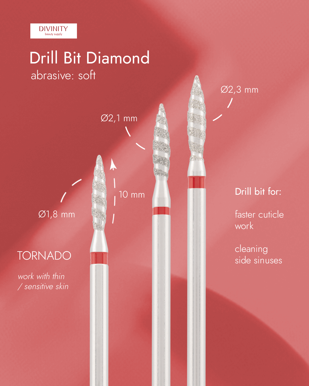 Particolare di Diamond bit "tornado" red, L- 10,0 mm., Ø2,3 mm.