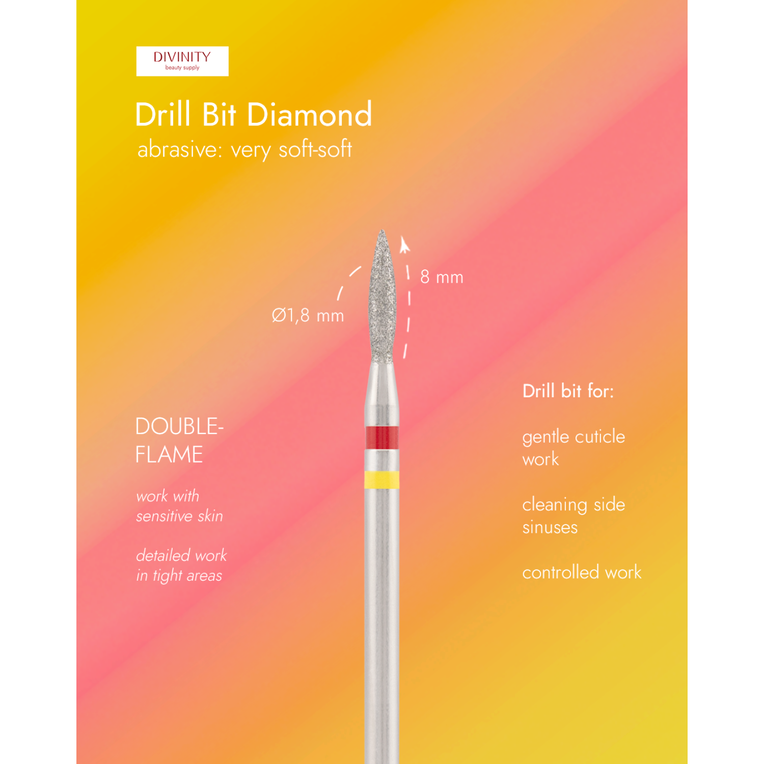 Diamond bit "double-flame" red-yellow, L- 10,0 mm., Ø1,8 mm.
