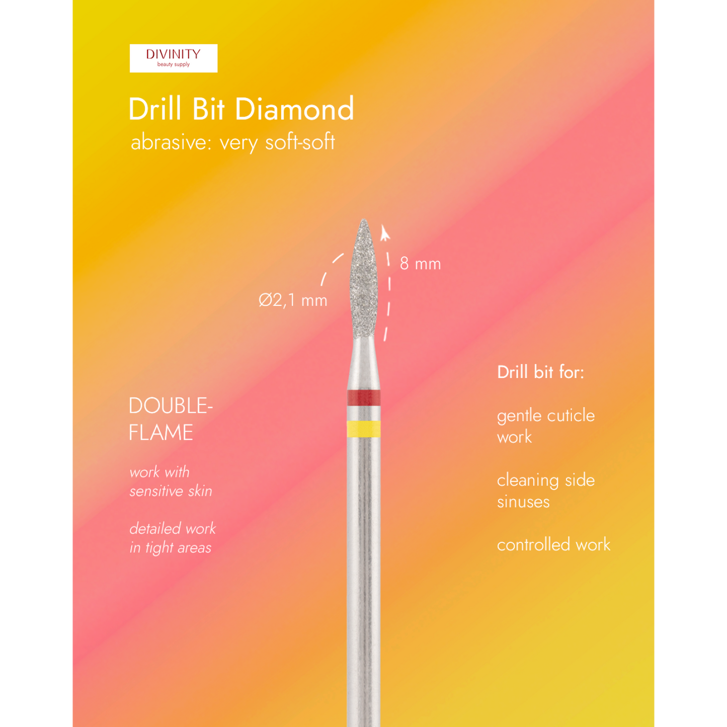 Diamond bit "double-flame" red-yellow, L- 8,0 mm., Ø2,1 mm.