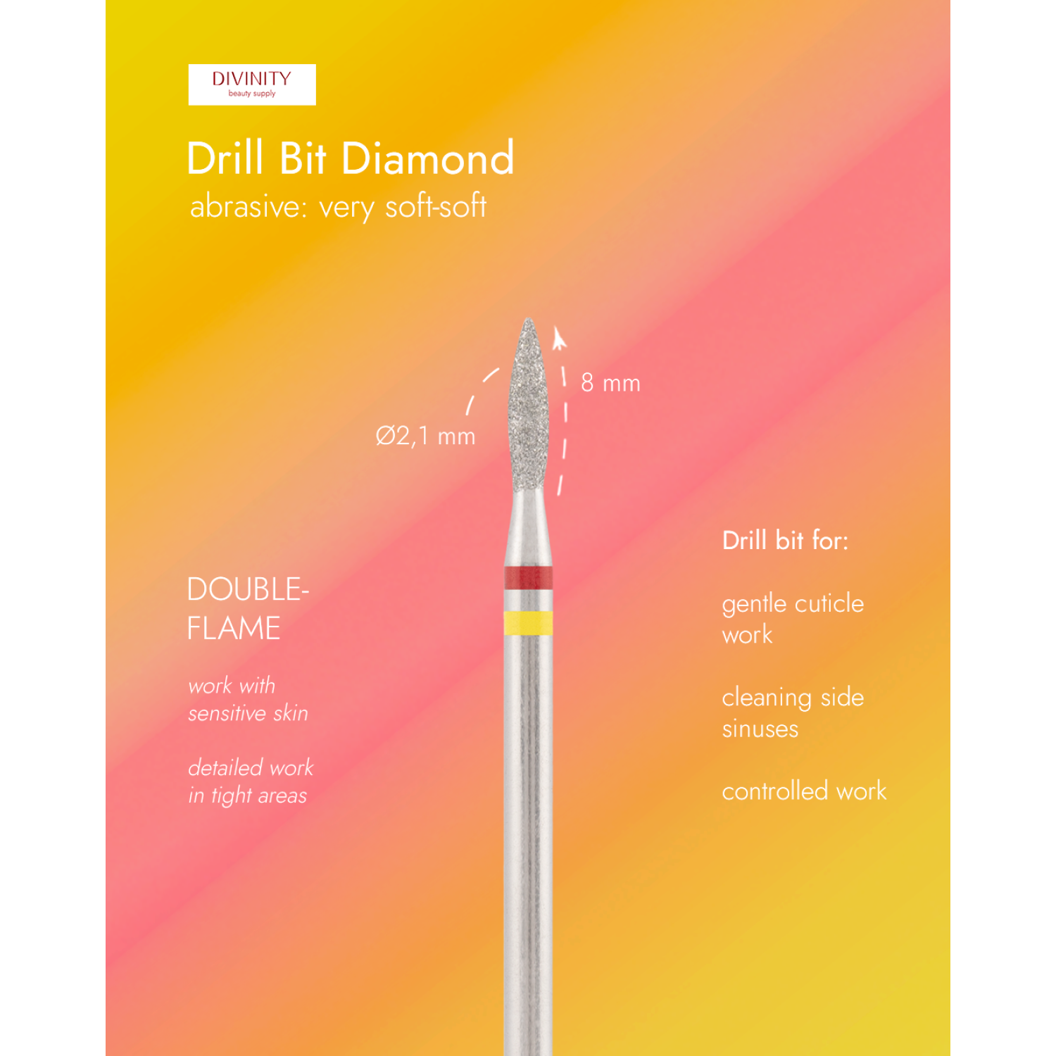 Diamond bit "double-flame" red-yellow, L- 8,0 mm., Ø2,1 mm.