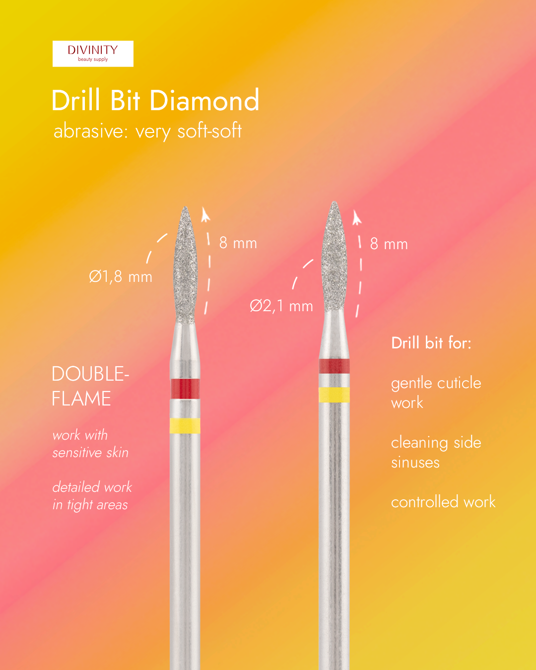 Vista alternativa di Diamond bit "double-flame" red-yellow, L- 8,0 mm., Ø2,1 mm.