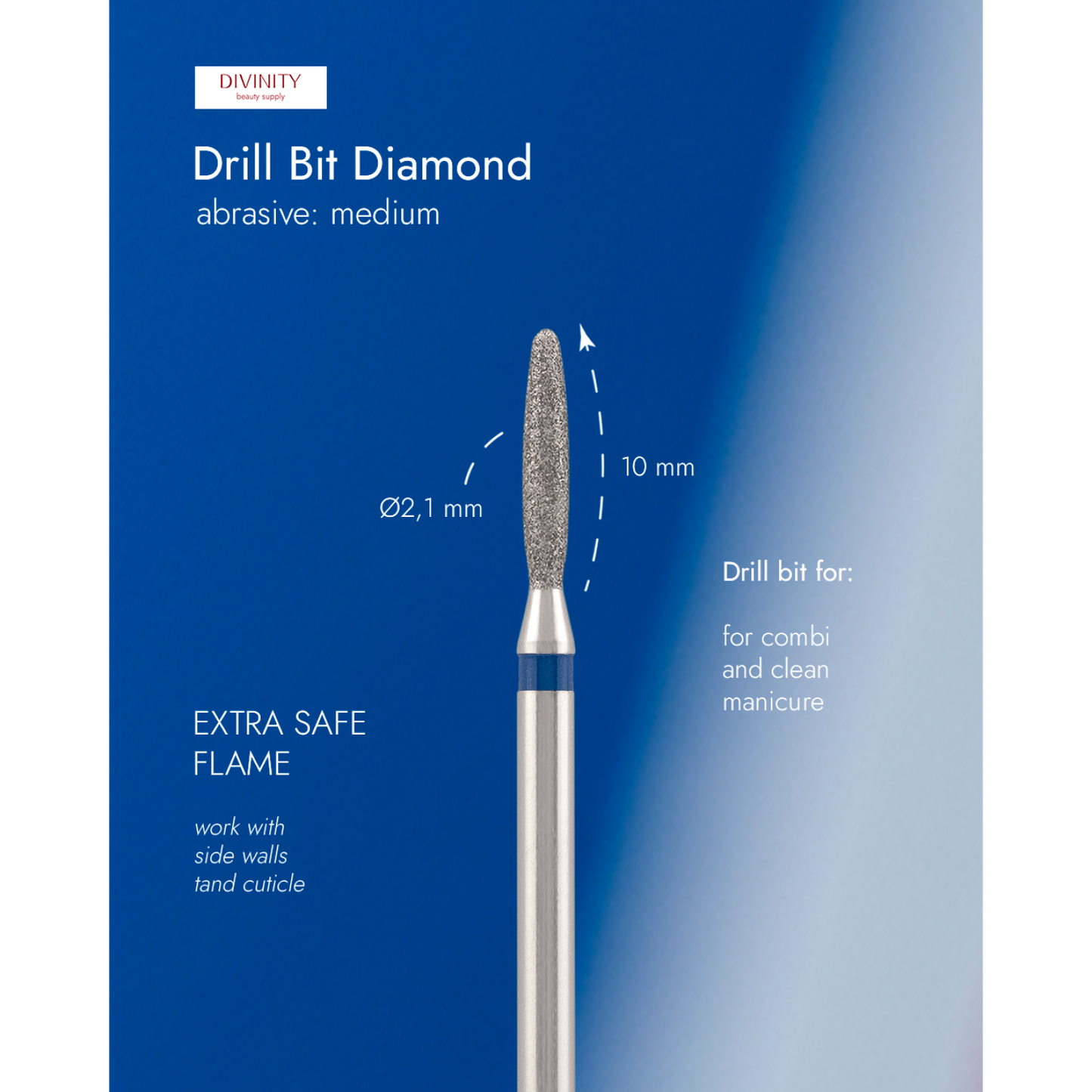 Diamond bit "flame" extra safe, blue, L- 10,0 mm., Ø2,1 mm. NEW