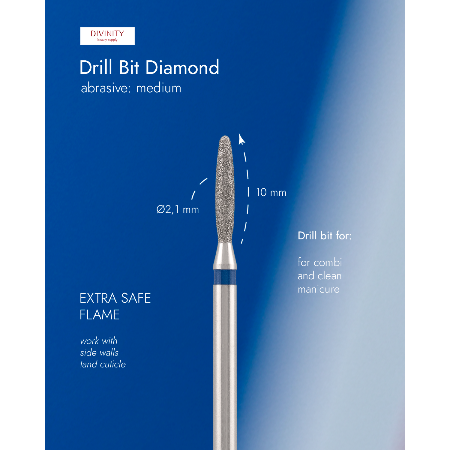 Diamond bit "flame" extra safe, blue, L- 10,0 mm., Ø2,1 mm. NEW