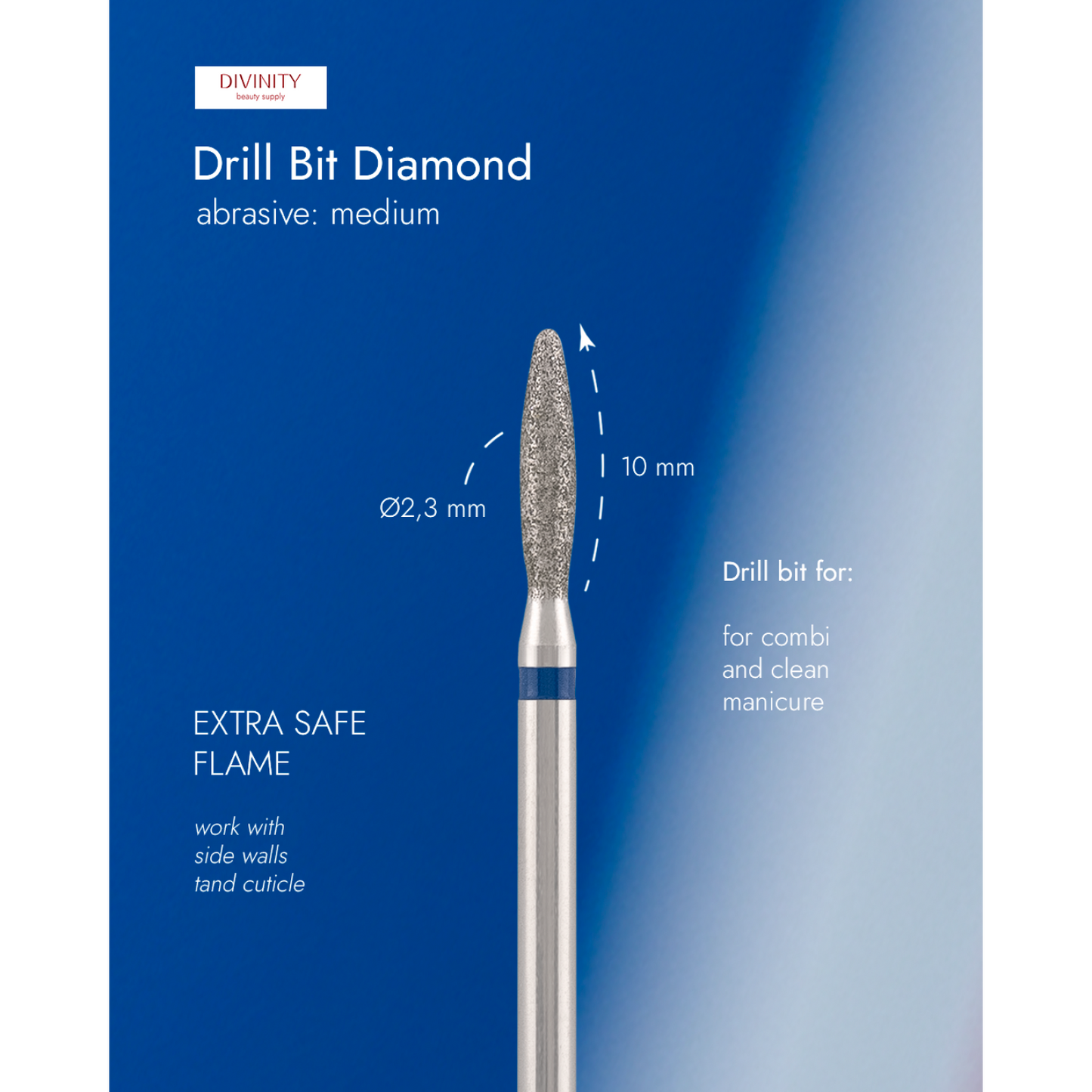 Diamond bit "flame" extra safe, blue, L- 10,0 mm., Ø2,3 mm. NEW