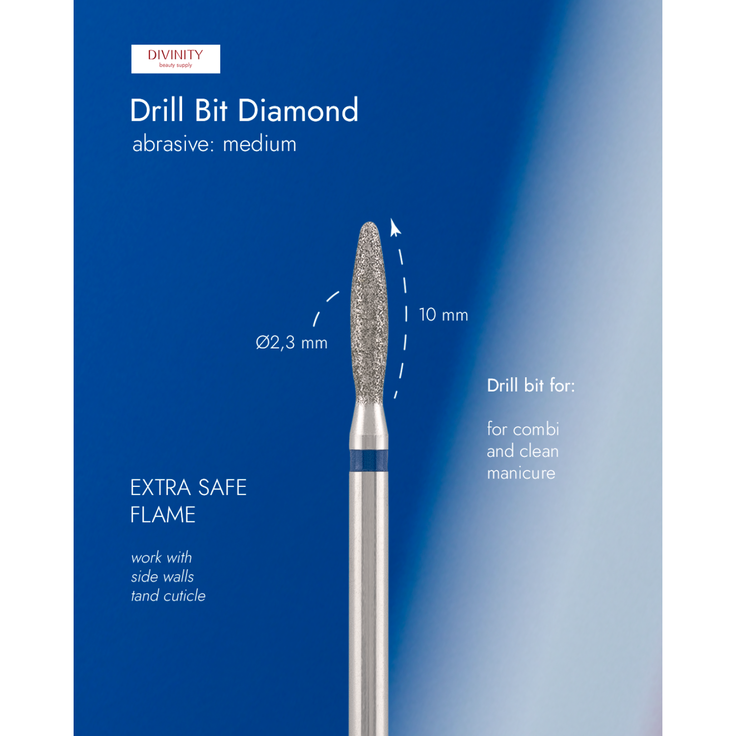 Diamond bit "flame" extra safe, blue, L- 10,0 mm., Ø2,3 mm. NEW