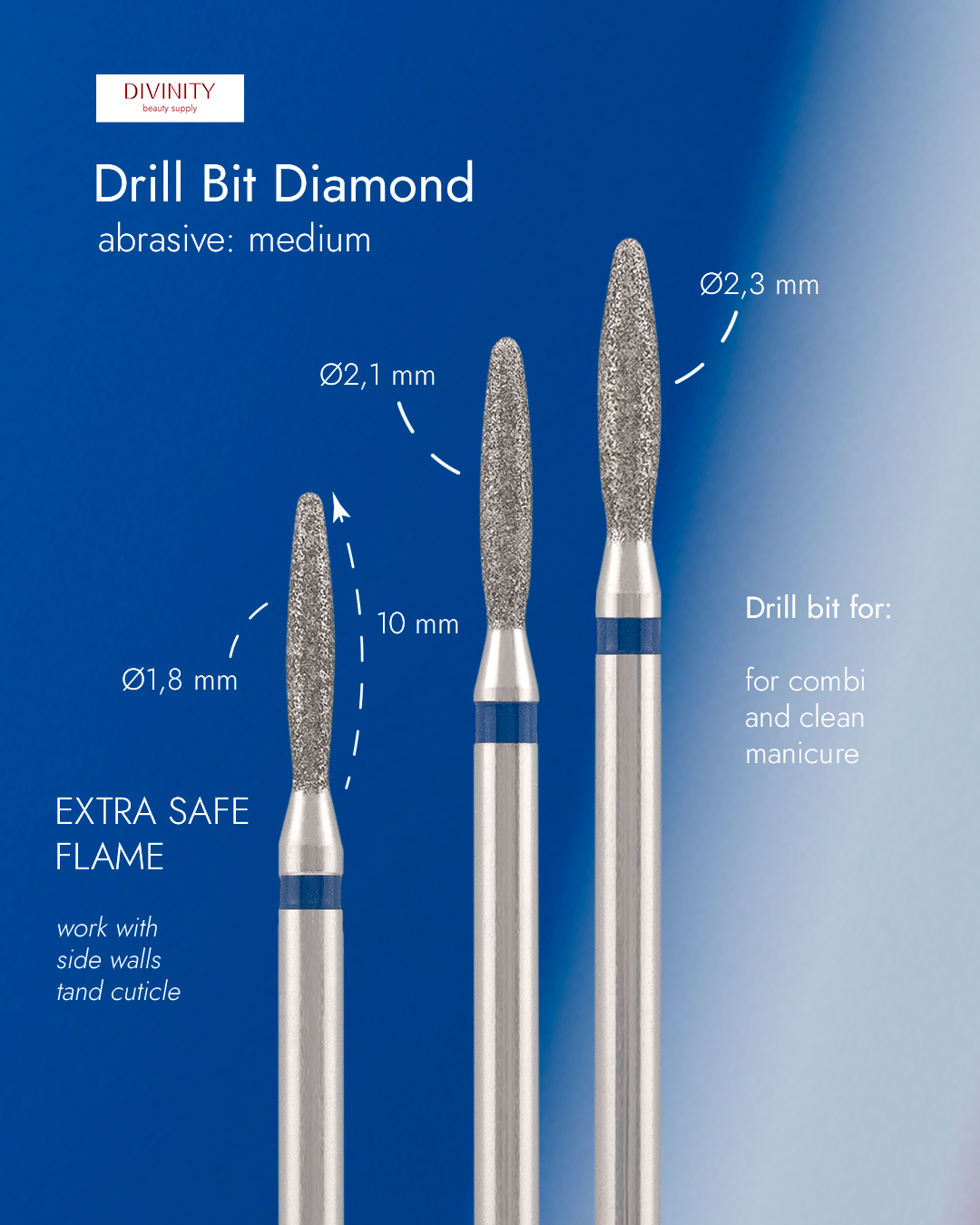 Particolare di Diamond bit "flame" extra safe, blue, L- 10,0 mm., Ø2,3 mm. NEW