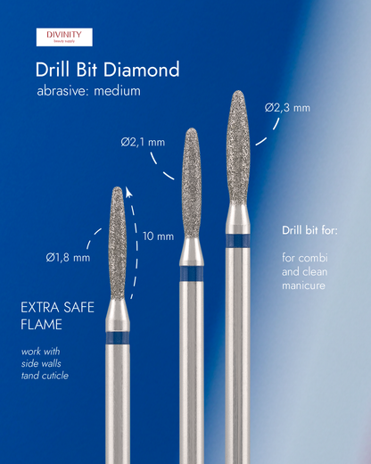 Particolare di Diamond bit "flame" extra safe, blue, L- 10,0 mm., Ø2,3 mm. NEW