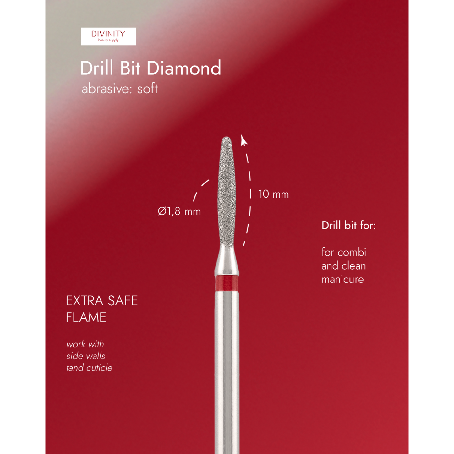 Diamond bit "flame" extra safe, red, L- 10,0 mm., Ø1,8 mm. NEW