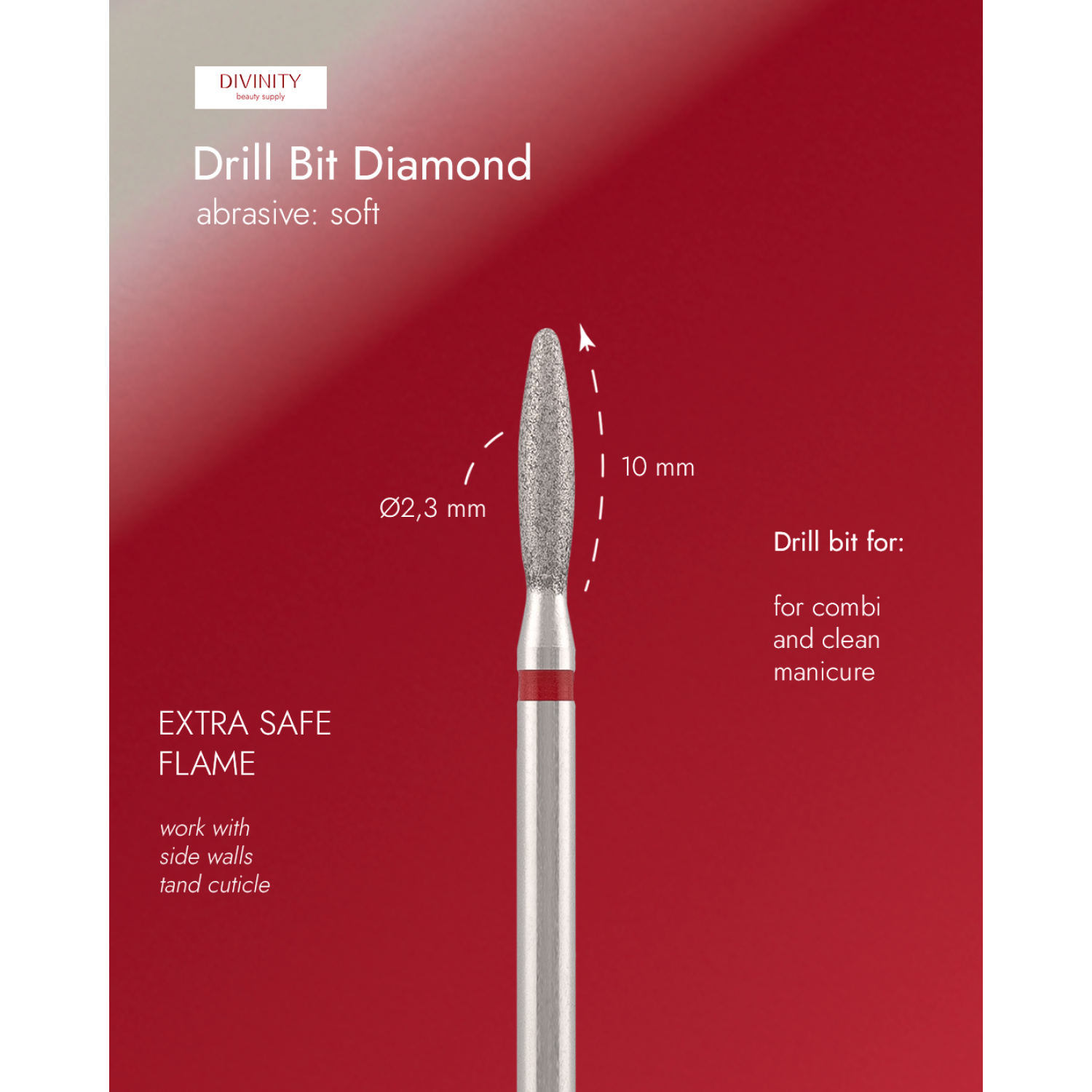 Diamond bit "flame" extra safe, red, L- 10,0 mm., Ø2,3 mm. NEW