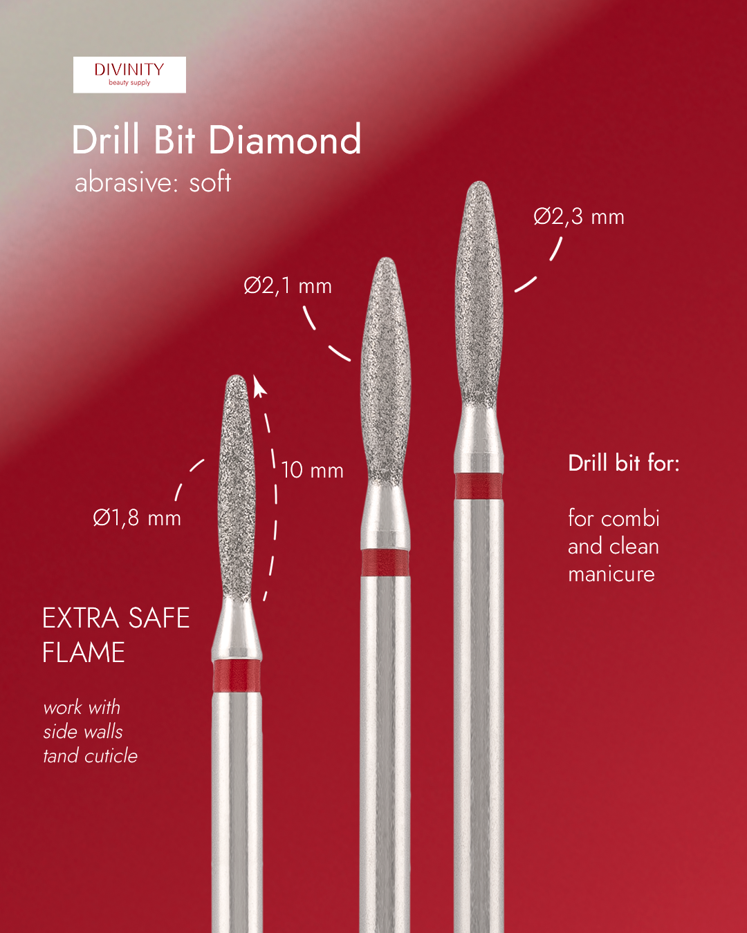 Particolare di Diamond bit "flame" extra safe, red, L- 10,0 mm., Ø2,3 mm. NEW