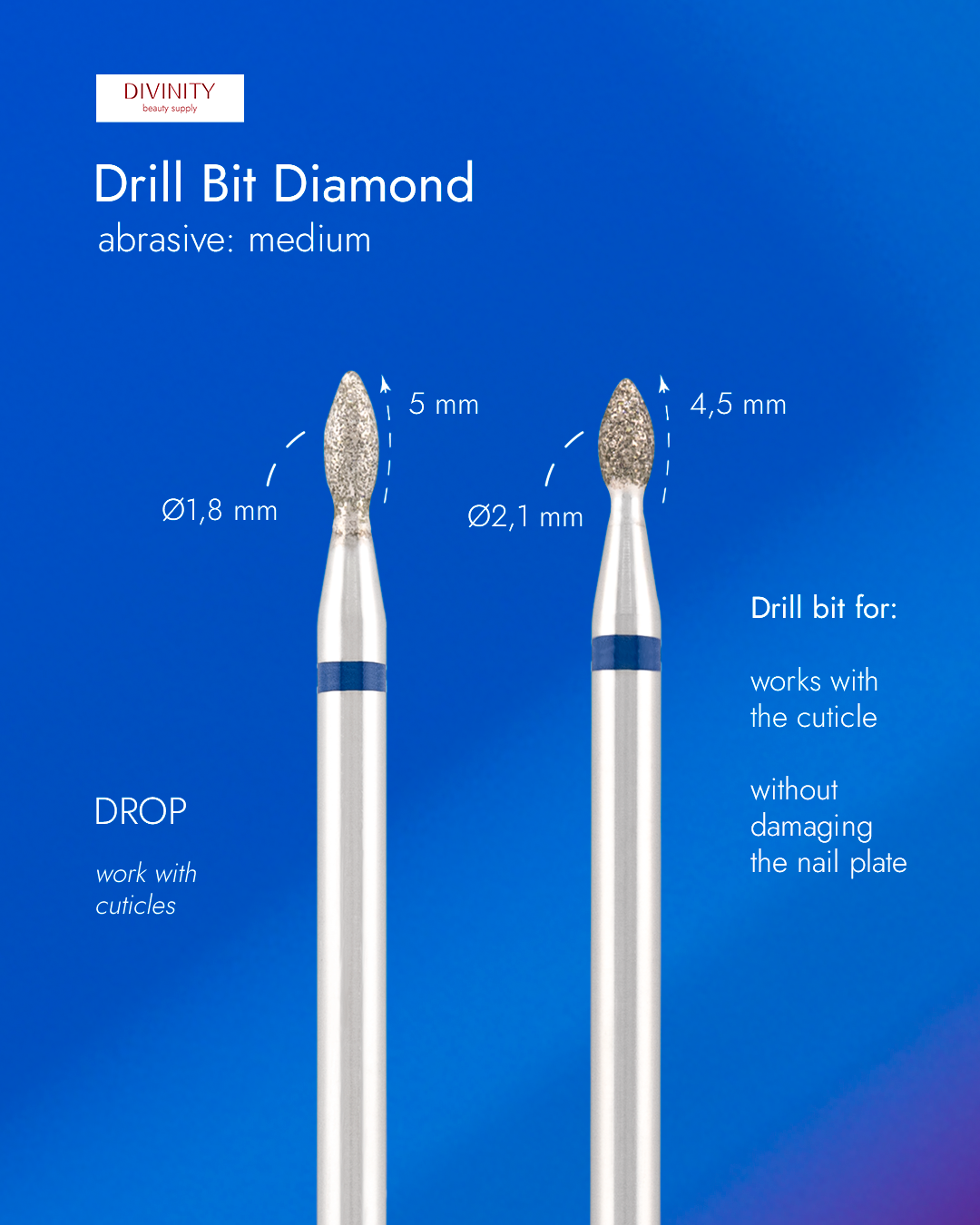 Particolare di Diamond bit "drop" blue, L- 4,5 mm., Ø1,8 mm.