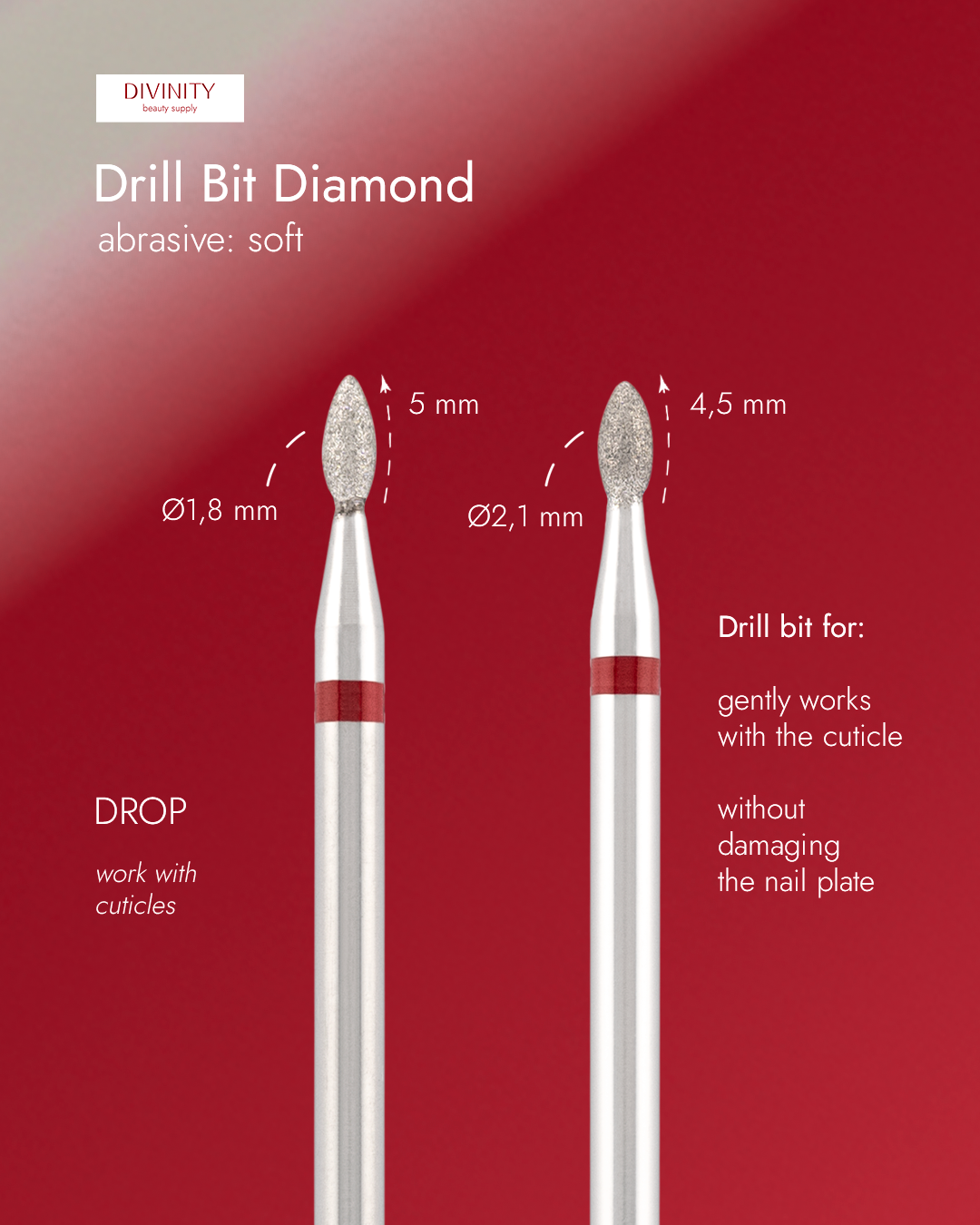 Particolare di Diamond bit "drop" red, L- 5,0 mm., Ø2,1 mm.