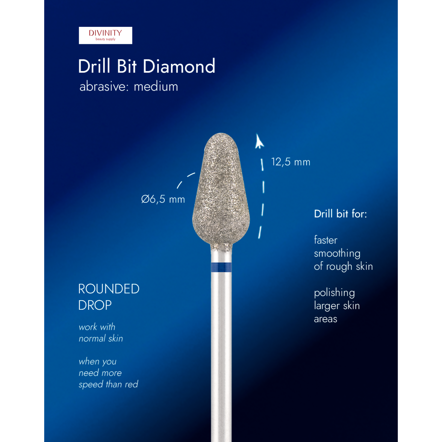 Diamond bit "rounded drop" blue, L- 12,5 mm., Ø6,5 mm.