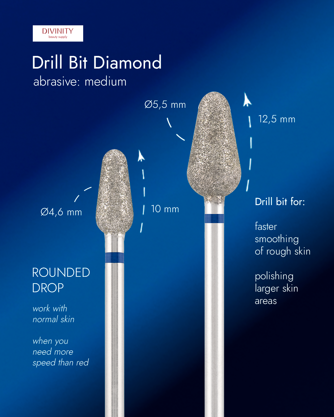 Particolare di Diamond bit "rounded drop" blue, L- 12,5 mm., Ø6,5 mm.