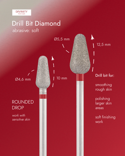 Particolare di Diamond bit "rounded drop" red, L- 12,5 mm., Ø6,5 mm.