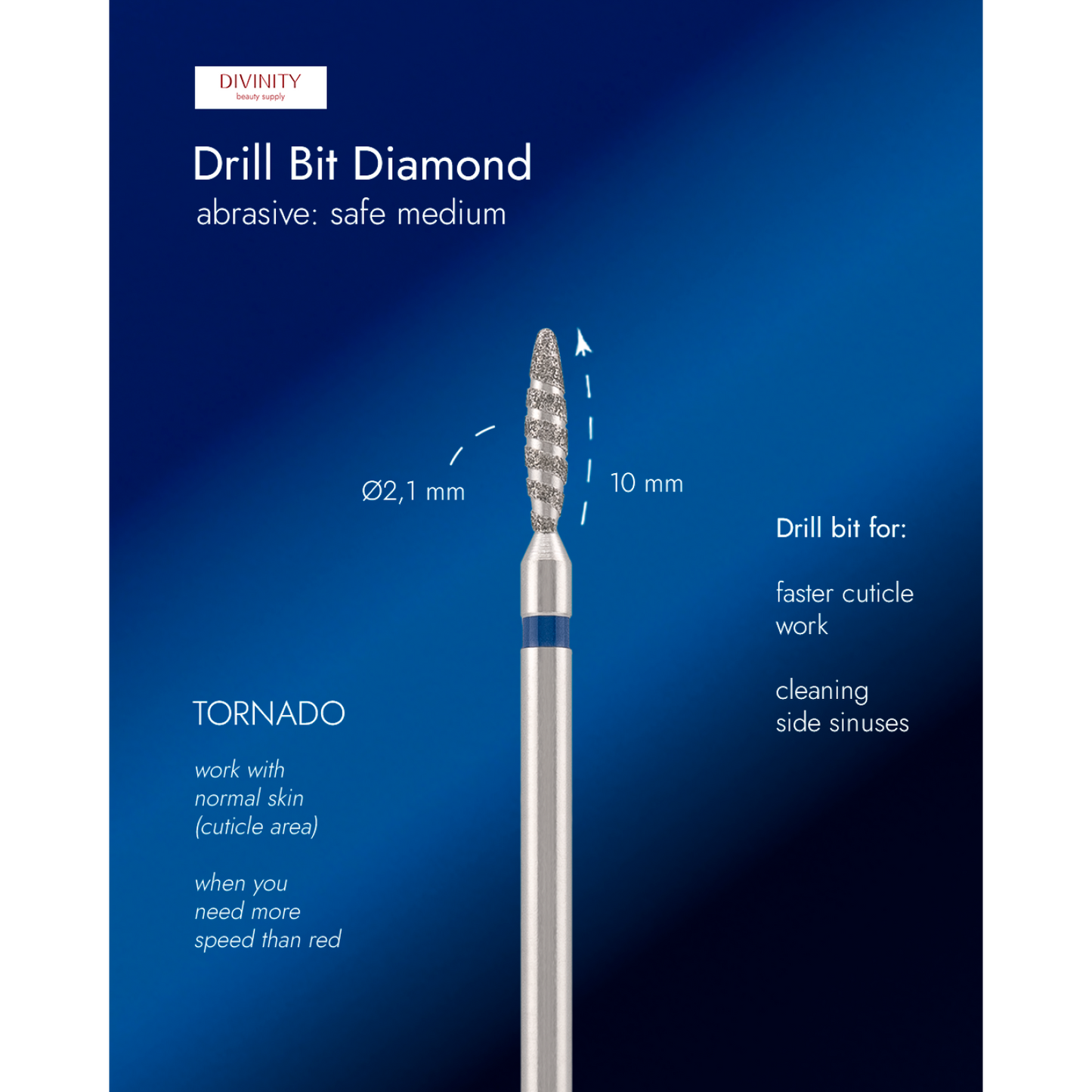Diamond bit "tornado" safe, blue, L- 10,0 mm., Ø2,1 mm. NEW