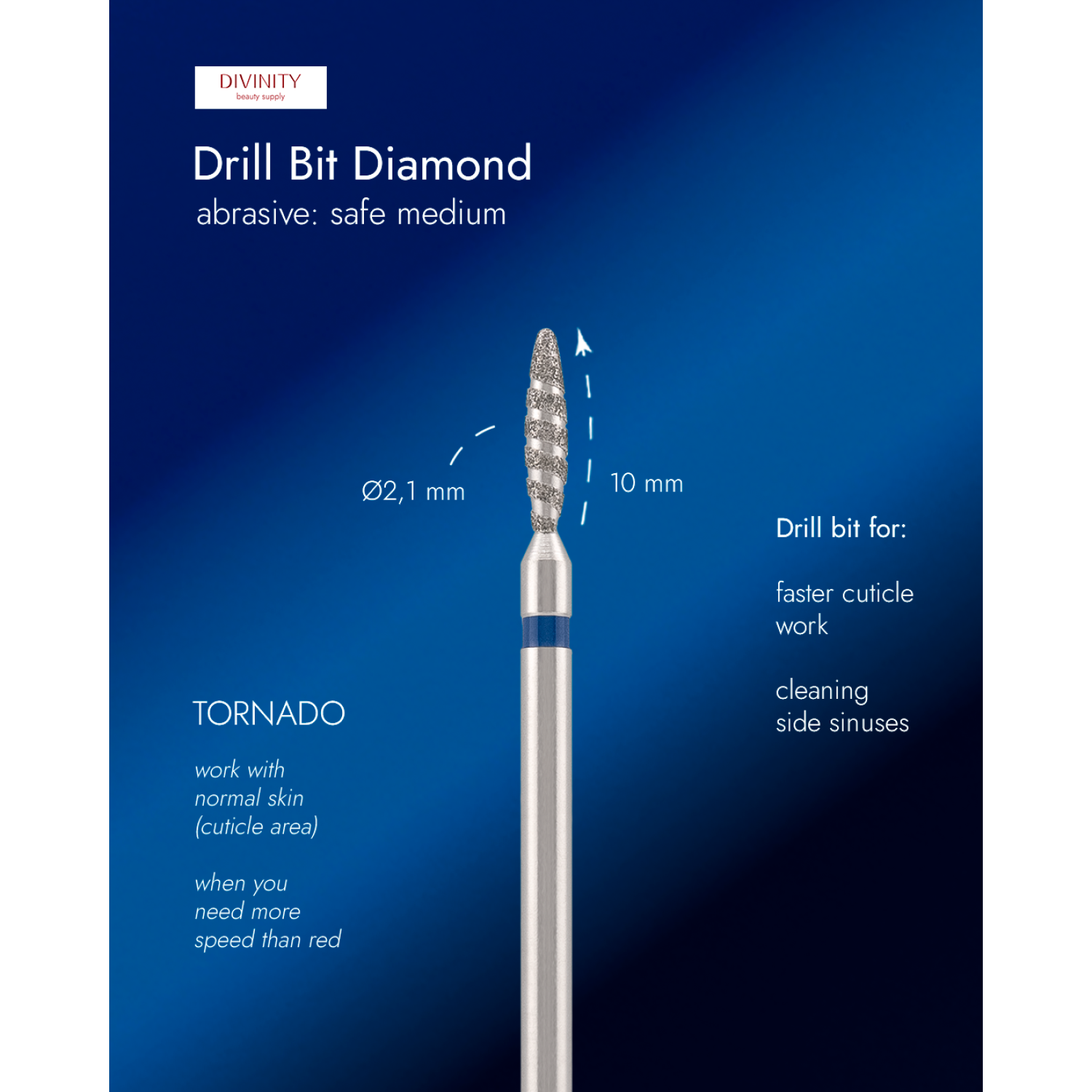 Diamond bit "tornado" safe, blue, L- 10,0 mm., Ø2,1 mm. NEW