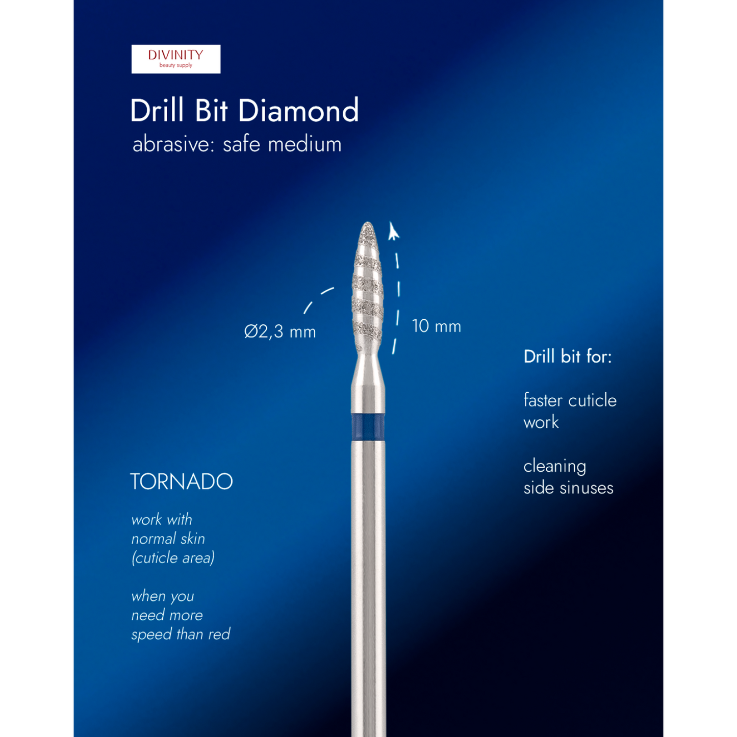 Diamond bit "tornado" safe, blue, L- 10,0 mm., Ø2,3 mm. NEW
