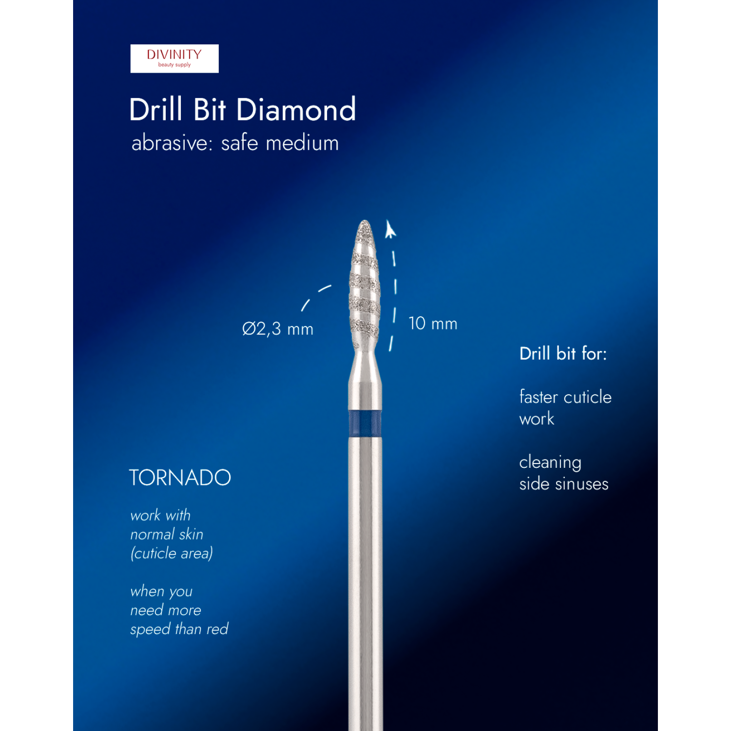 Diamond bit "tornado" safe, blue, L- 10,0 mm., Ø2,3 mm. NEW