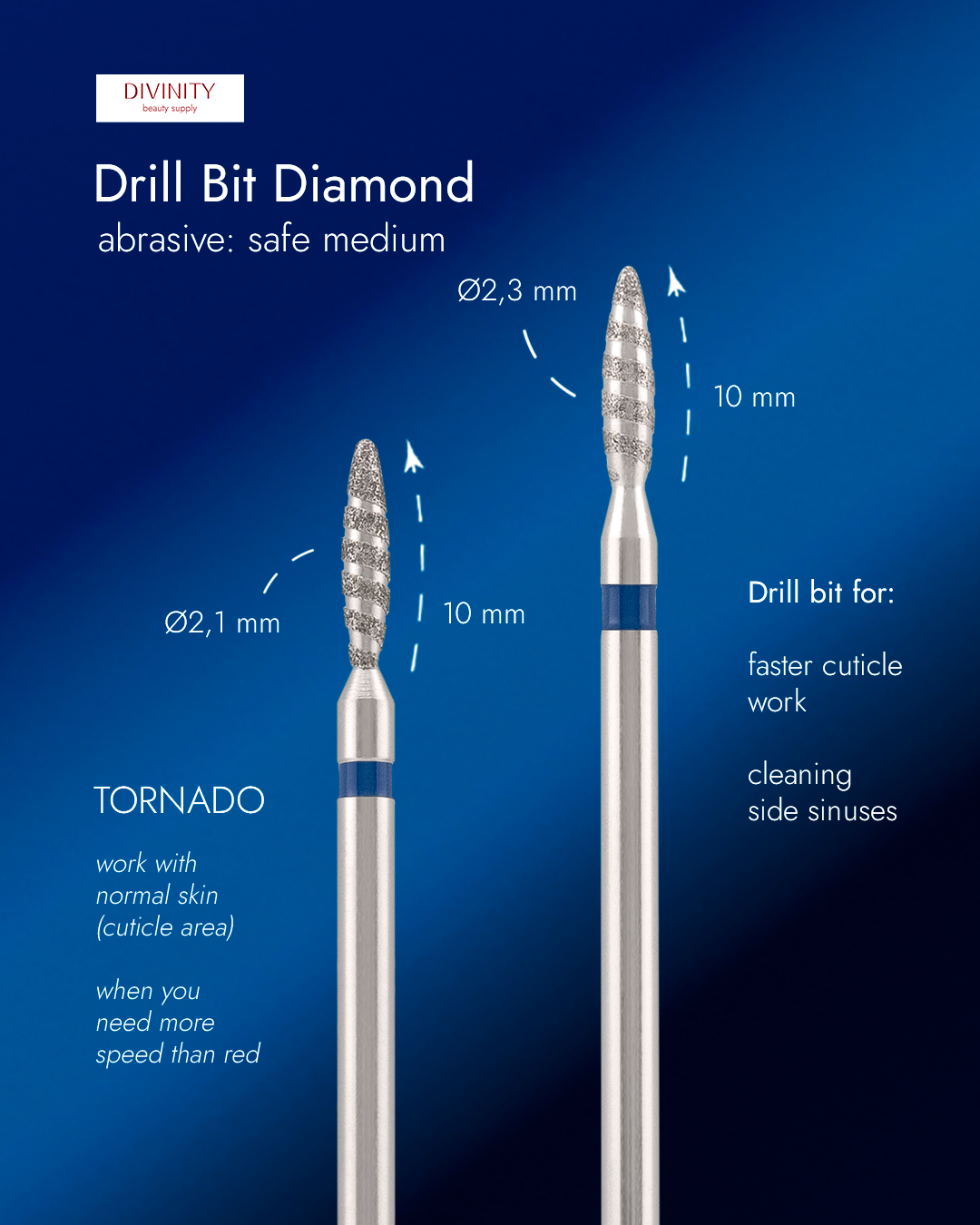 Particolare di Diamond bit "tornado" safe, blue, L- 10,0 mm., Ø2,3 mm. NEW