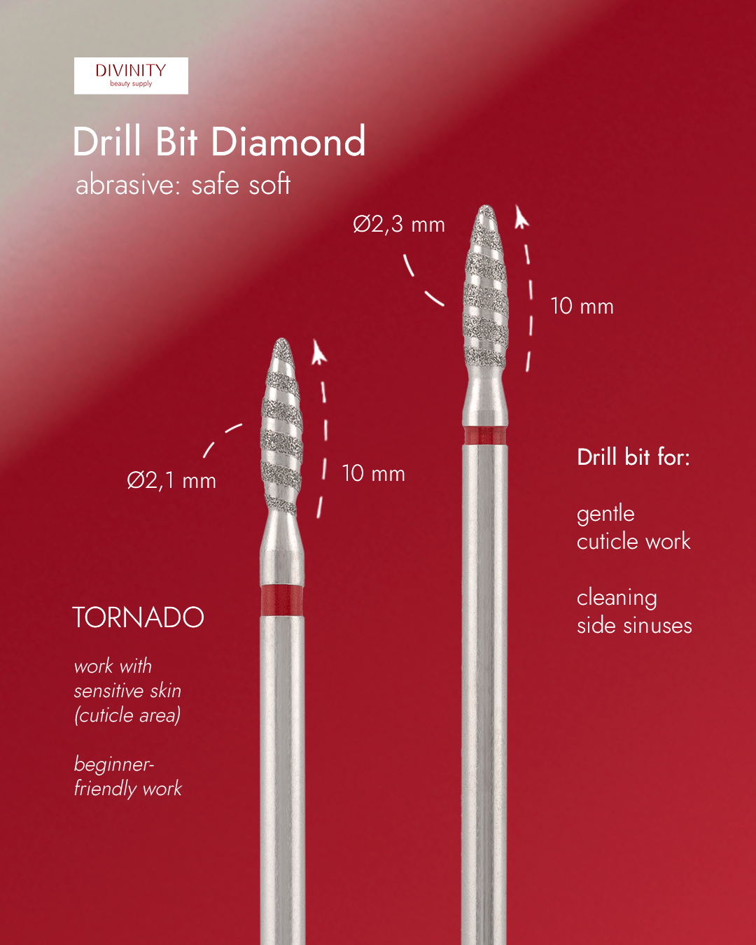 Particolare di Diamond bit "tornado" safe, red, L- 10,0 mm., Ø2,1 mm. NEW