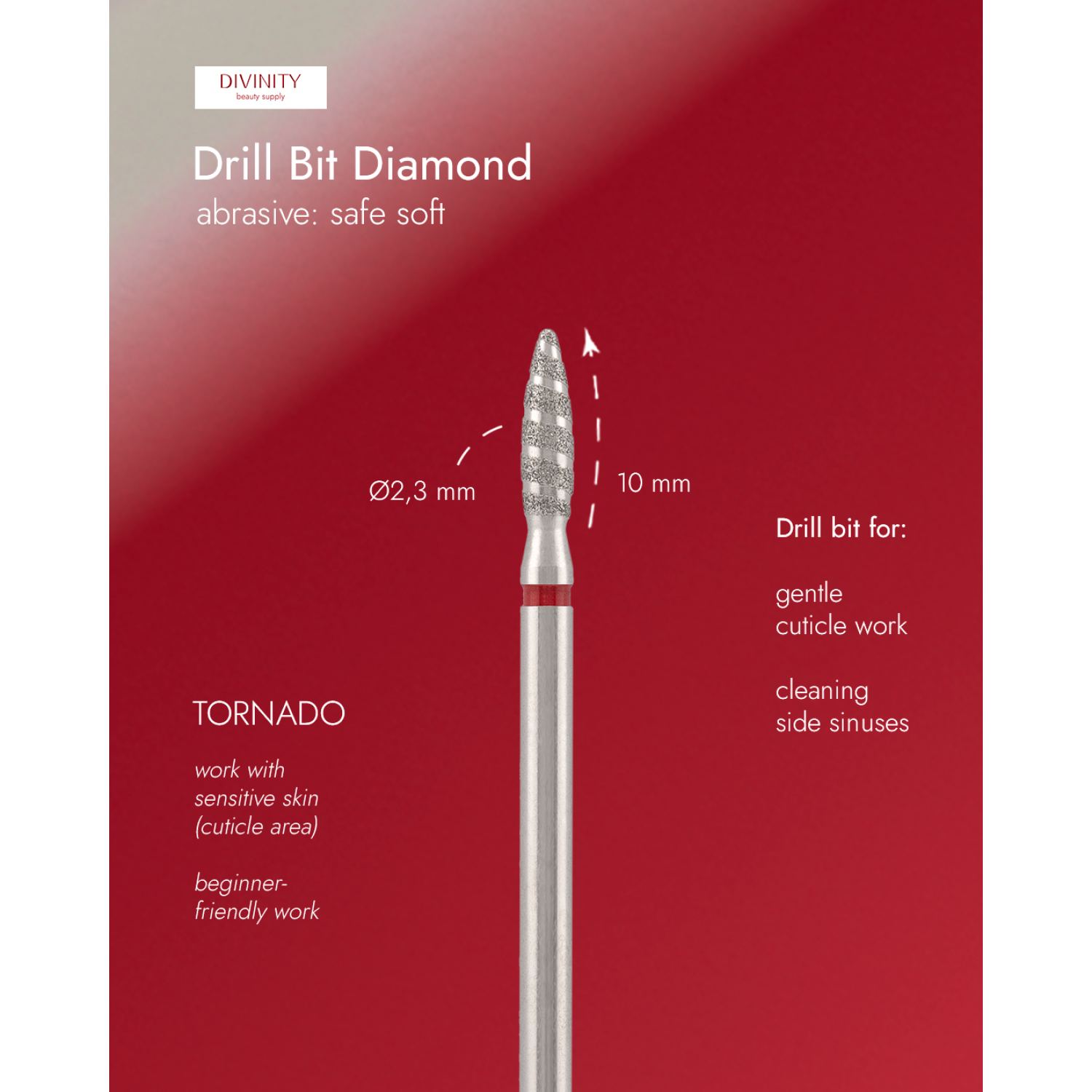 Diamond bit "tornado" safe, red, L- 10,0 mm., Ø2,3 mm. NEW