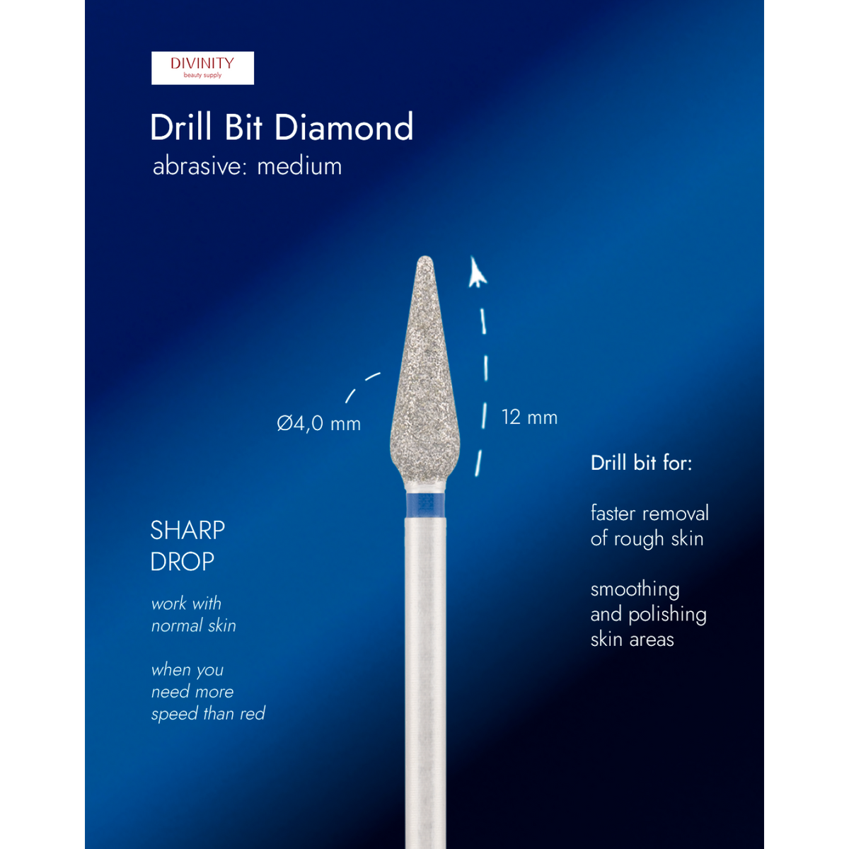 Diamond bit "sharp drop" blue, L- 12,0 mm., Ø4,0 mm.