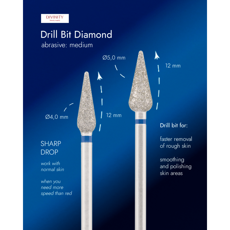 Particolare di Diamond bit "sharp drop" blue, L- 12,0 mm., Ø5,0 mm.