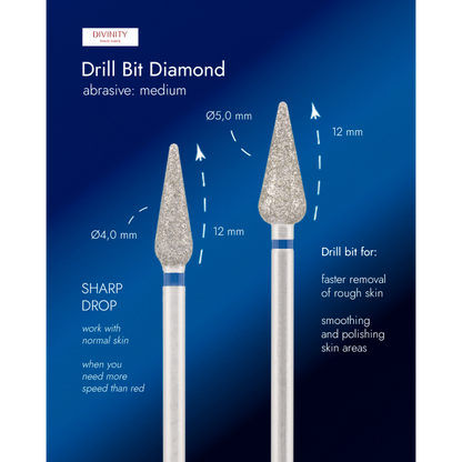 Particolare di Diamond bit "sharp drop" blue, L- 12,0 mm., Ø5,0 mm.