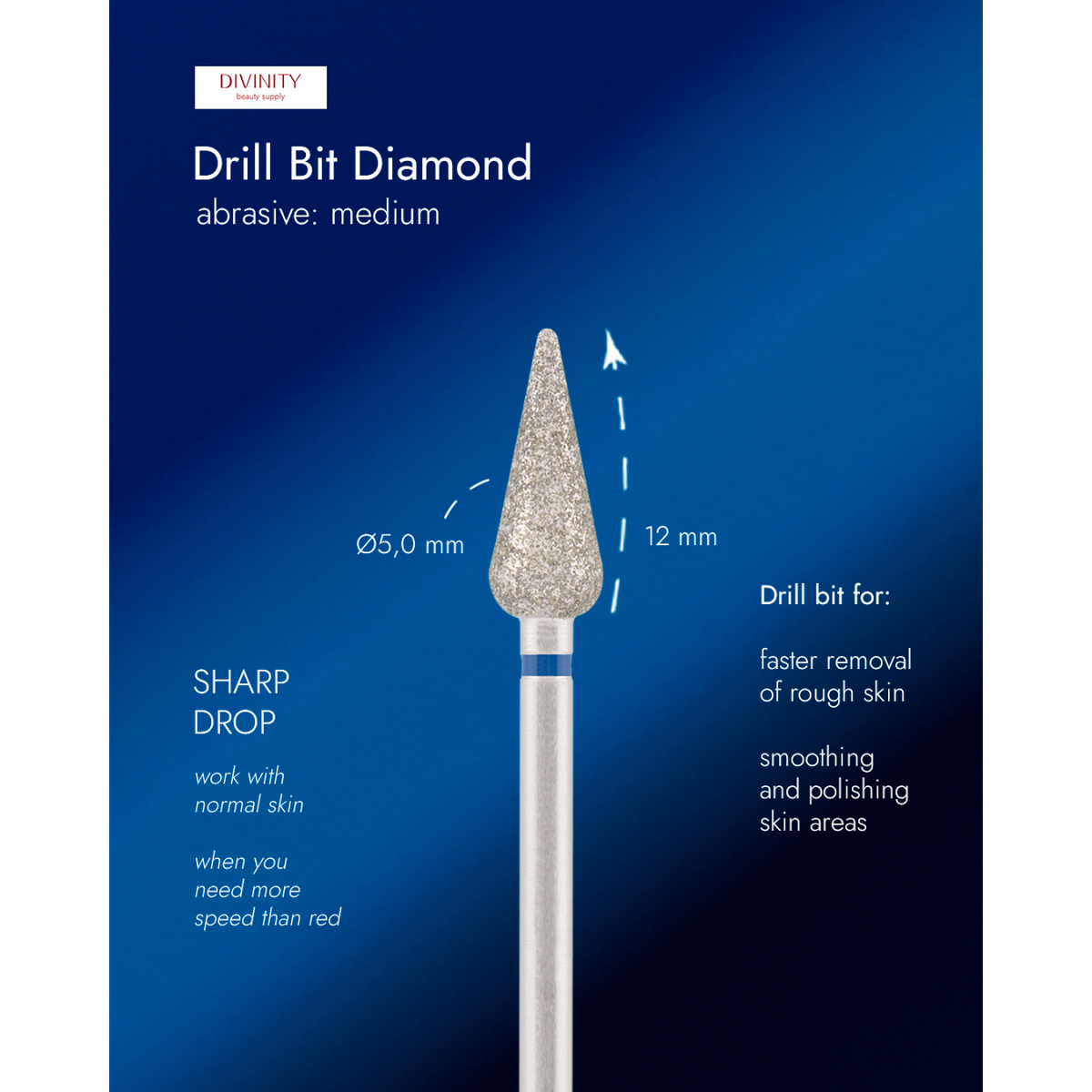 Diamond bit "sharp drop" blue, L- 12,0 mm., Ø5,0 mm.