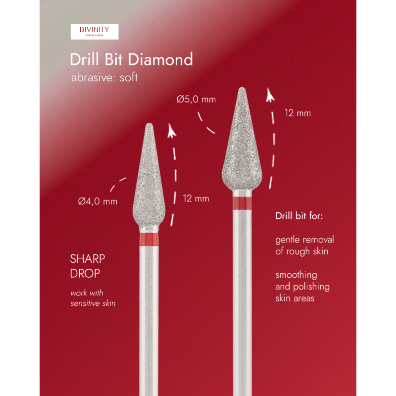 Particolare di Diamond bit "sharp drop" red, L- 12,0 mm., Ø4,0 mm.