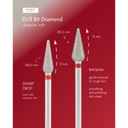 Particolare di Diamond bit "sharp drop" red, L- 12,0 mm., Ø4,0 mm.