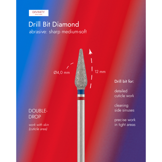 Diamond bit "double-drop" sharp red-blue, L- 12,0 mm., Ø4,0 mm. NEW