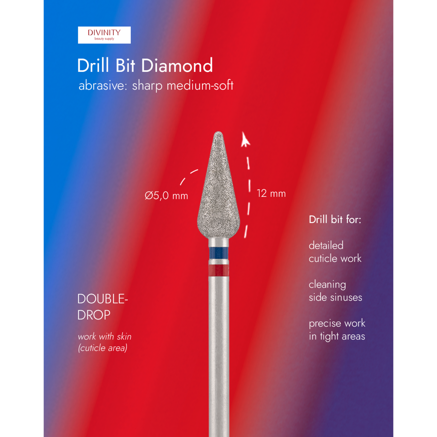 Diamond bit "double-drop" sharp red-blue, L- 12,0 mm., Ø5,0 mm. NEW