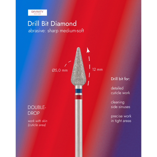 Diamond bit "double-drop" sharp red-blue, L- 12,0 mm., Ø5,0 mm. NEW