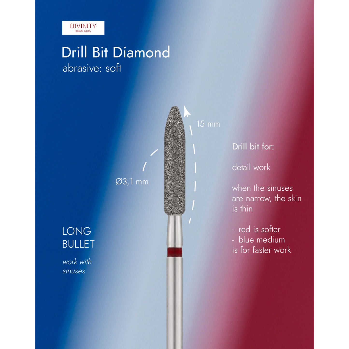 Diamond bit "bullet", red L- 15,0 mm., Ø3,1 mm. NEW