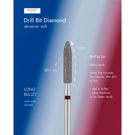 Diamond bit "bullet", red L- 15,0 mm., Ø3,1 mm. NEW