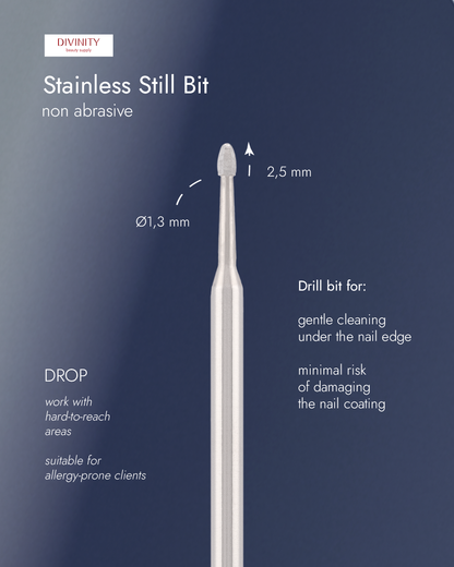 Stainless steel bit "drop" non abrasive, for gentle removal nails, L-2,5 mm., Ø1,3 mm.