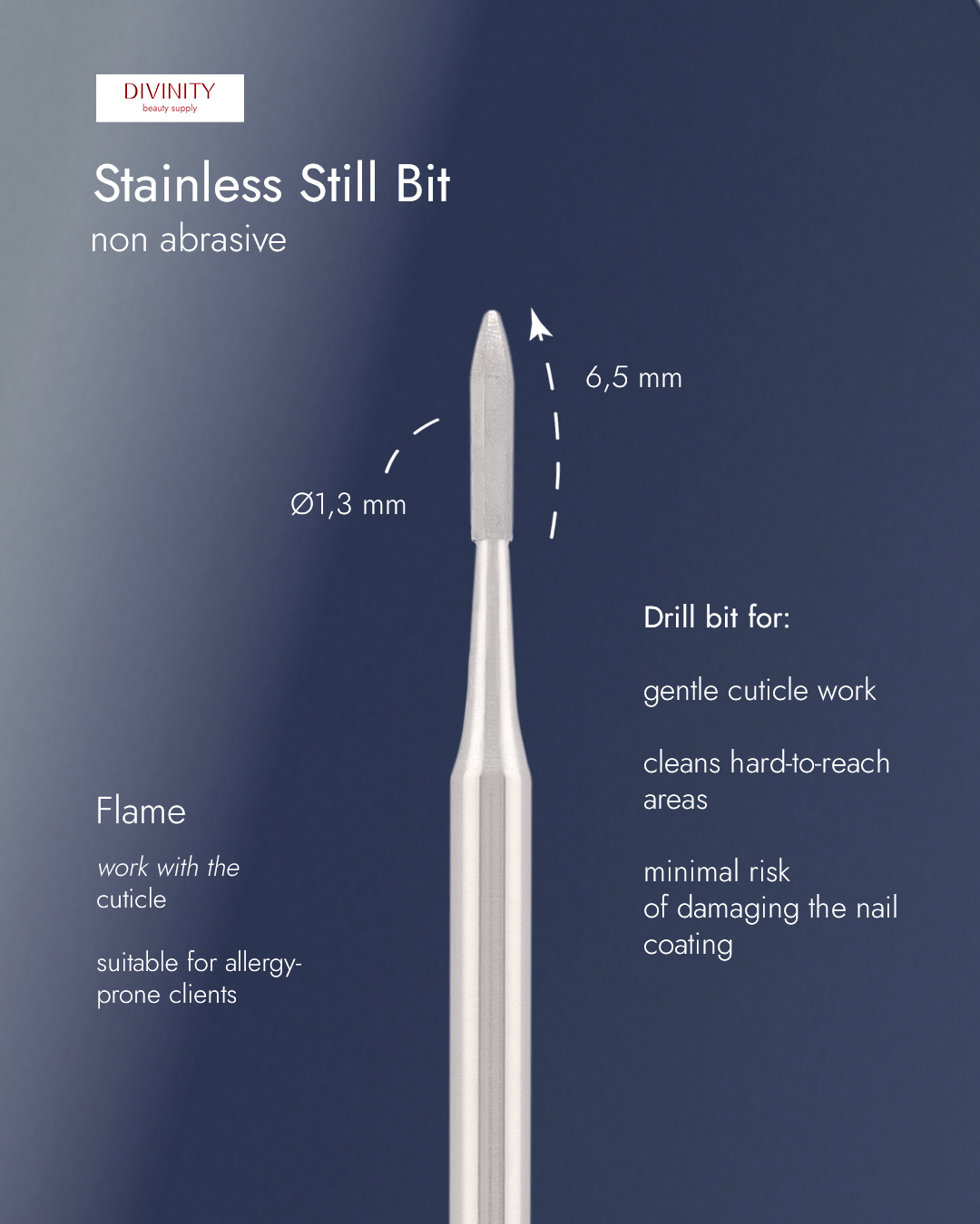 Stainless steel bit "flame" non abrasive, for gentle cleaning the nails, L-6,5 mm., Ø1,3 mm.