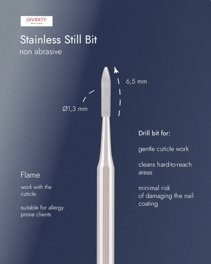 Stainless steel bit "flame" non abrasive, for gentle cleaning the nails, L-6,5 mm., Ø1,3 mm.