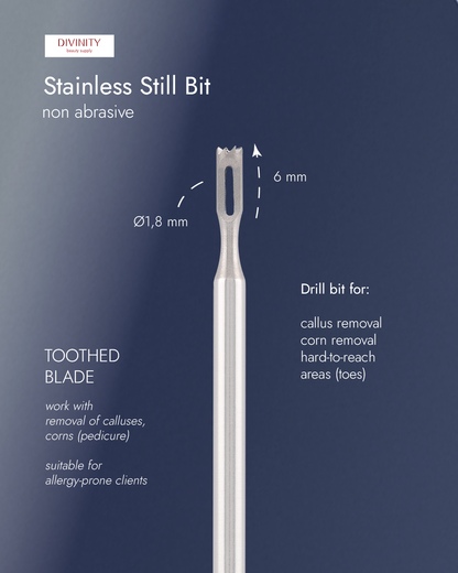 Stainless steel bit with toothed blade, for removal of calluses, corns, L-6,0 mm., Ø1,8 mm.