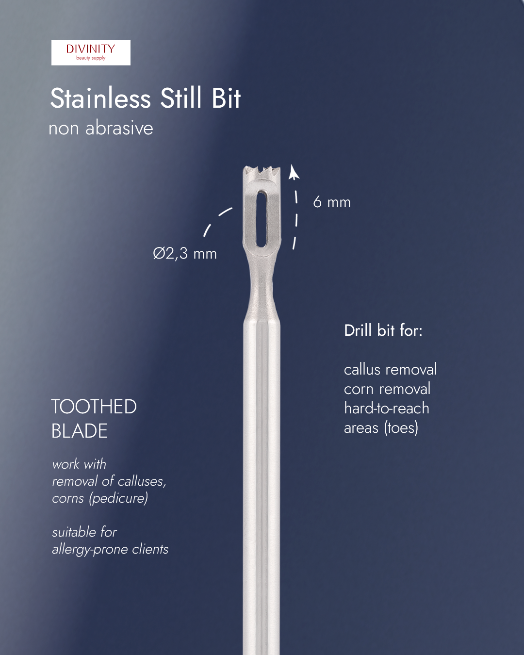 Stainless steel bit with toothed blade, for removal of calluses, corns, L-6,0 mm., Ø2,3 mm.