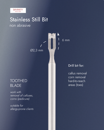 Stainless steel bit with toothed blade, for removal of calluses, corns, L-6,0 mm., Ø2,3 mm.