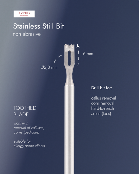 Stainless steel bit with toothed blade, for removal of calluses, corns, L-6,0 mm., Ø2,3 mm.