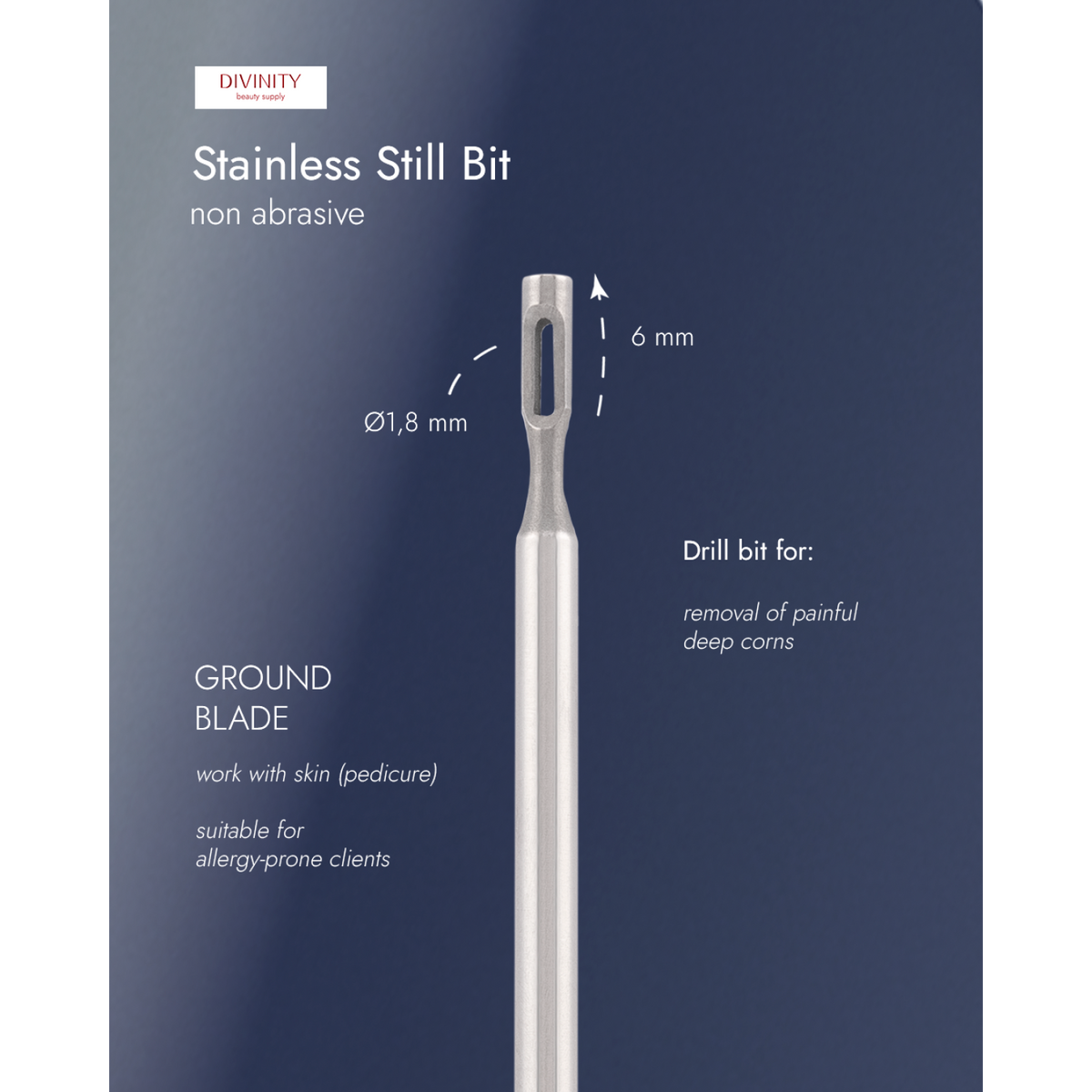 Stainless steel bit with ground blade, for removal of painful deep corns, L-6,0 mm., Ø1,8 mm.
