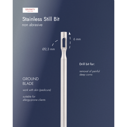 Stainless steel bit with ground blade, for removal of painful deep corns, L-6,0 mm., Ø2,3 mm.