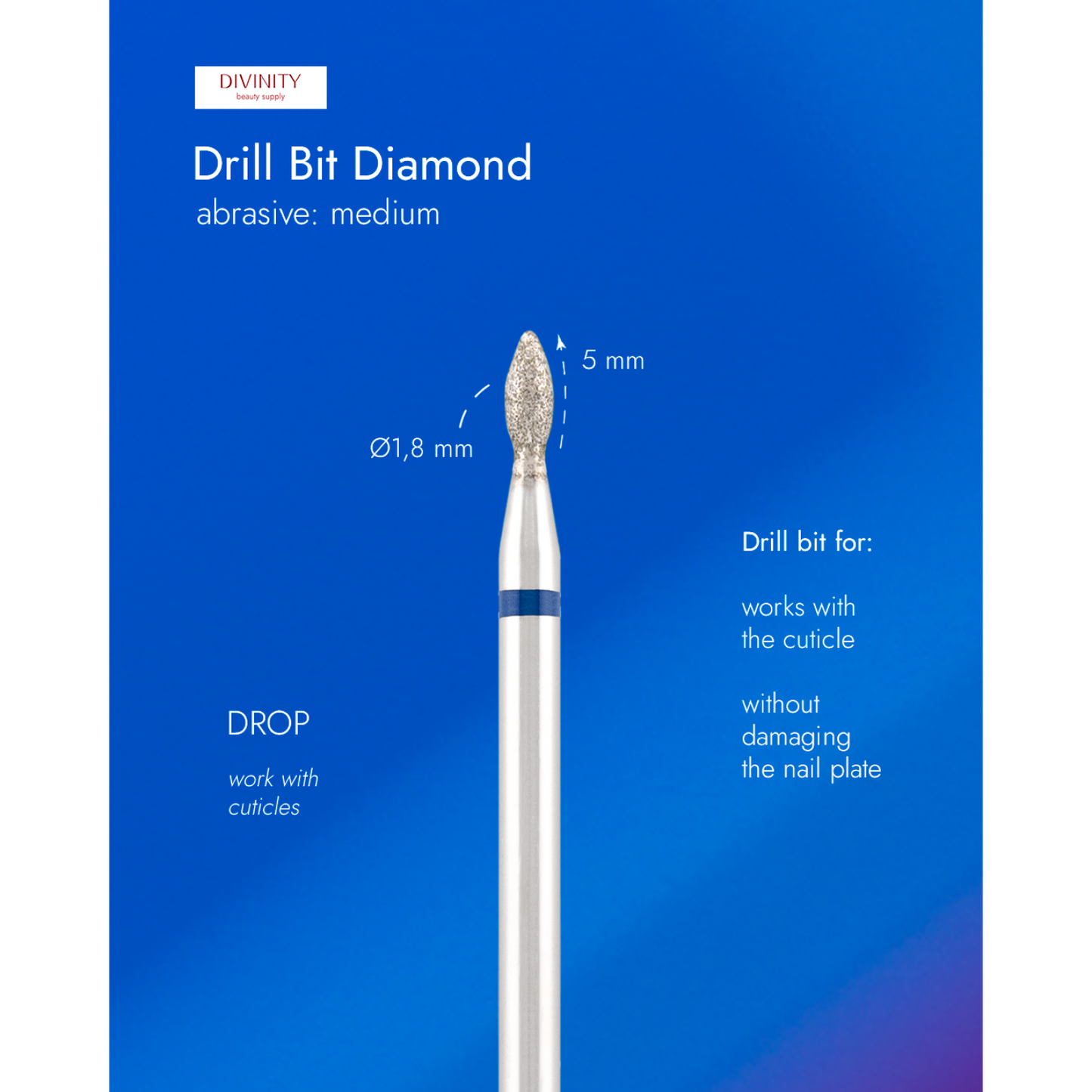 Diamond bit "drop" blue, L- 4,5 mm., Ø1,8 mm.