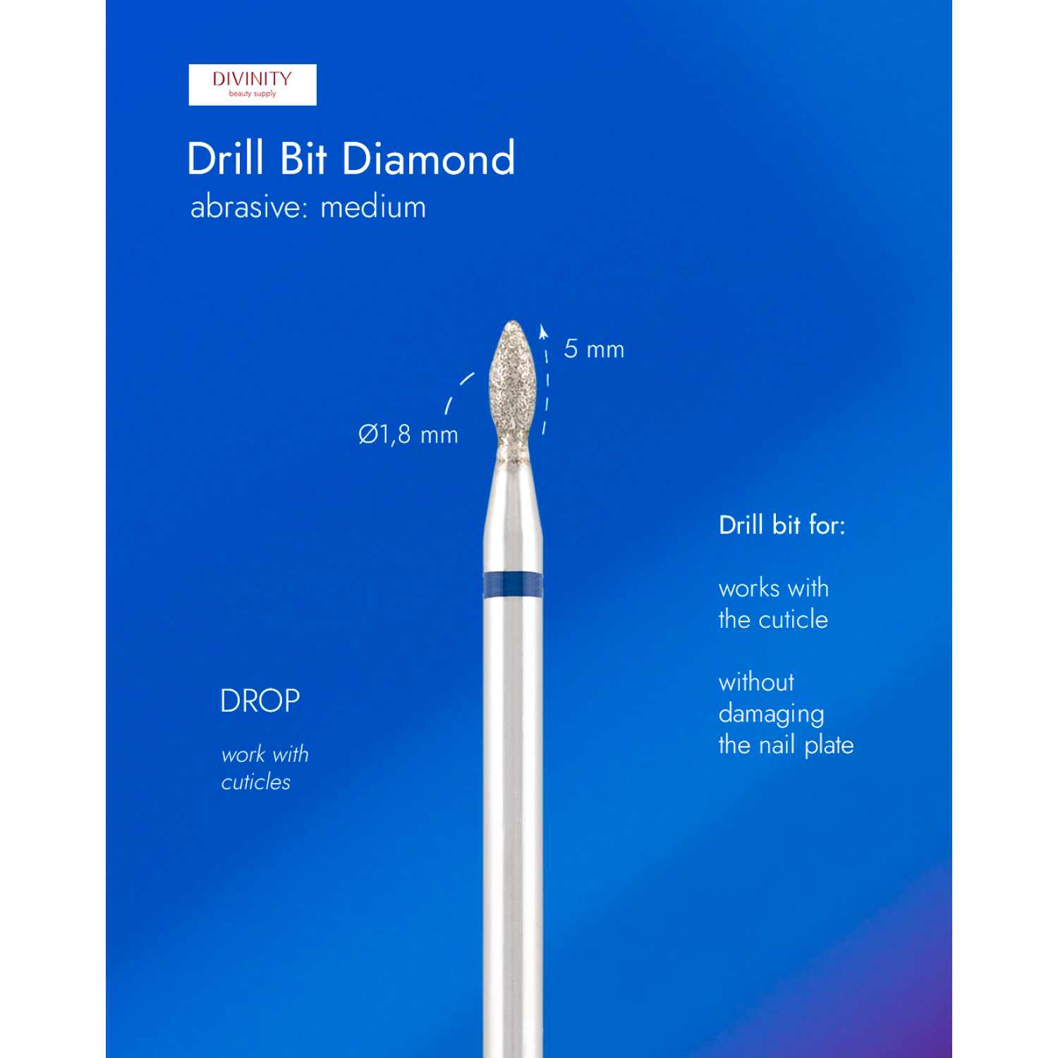 Diamond bit "drop" blue, L- 4,5 mm., Ø1,8 mm.