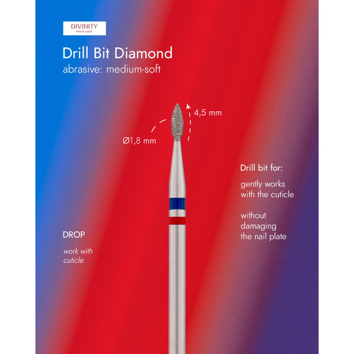 Diamond bit "drop" blue-red, L- 4,5 mm., Ø1,8 mm. NEW