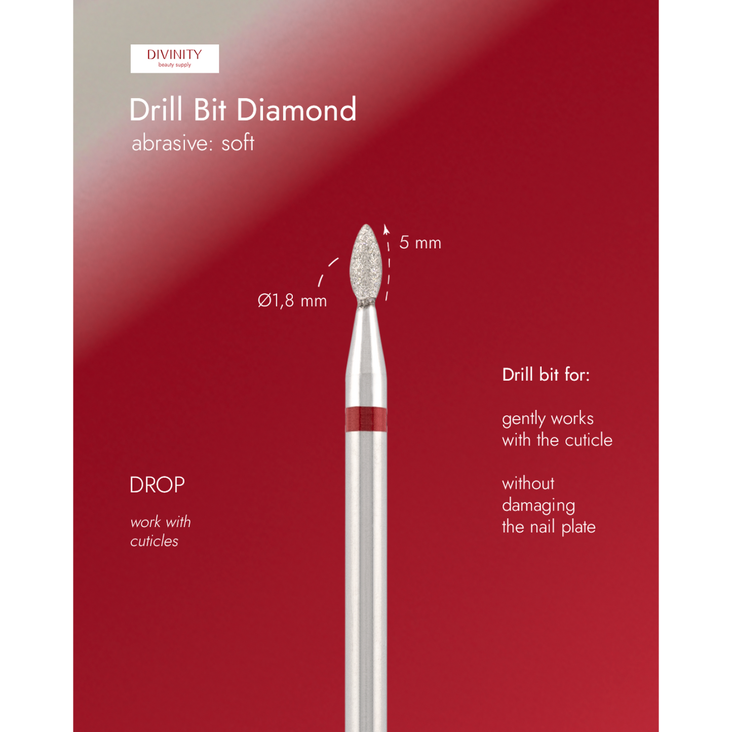 Diamond bit "drop" red, L- 5,0 mm., Ø1,8 mm.